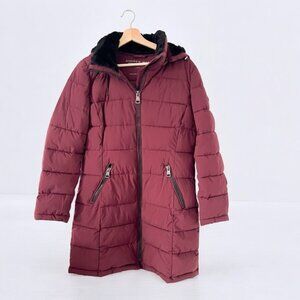 Andrew Marc Red Puffer Jacket with Hood and Quilted Design